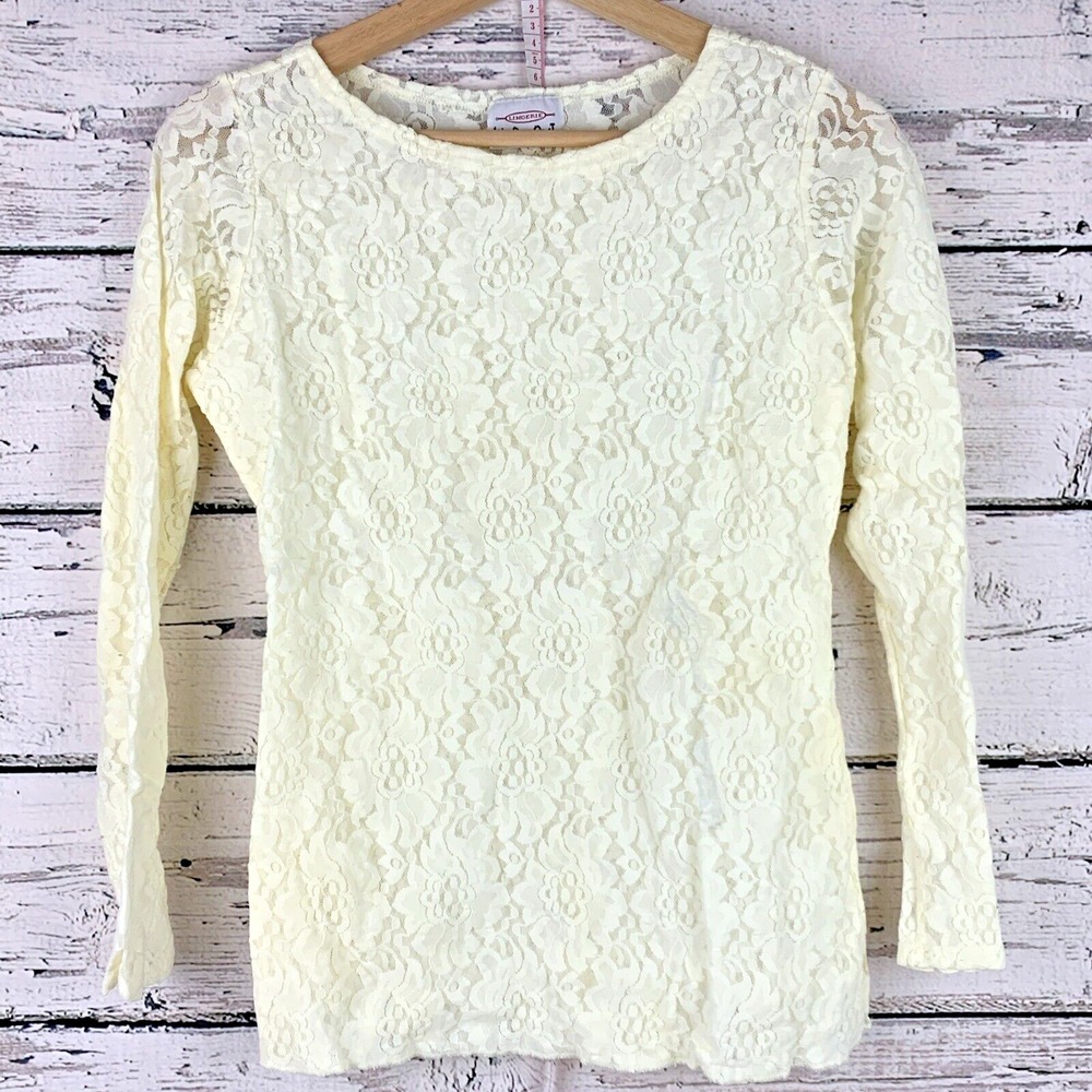 Worn Out Lingerie Lace Top  [Size S/M] Long Sleeve Floral Pattern Cream‎ Color